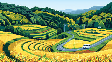 fields, outdoor, farmland, travel, illustration