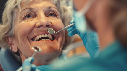 An elderly woman having her teeth examined by a dentist.