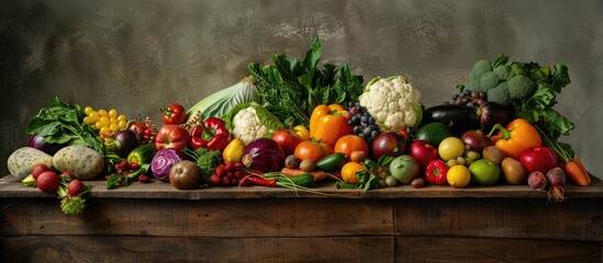 Fresh fruits and vegetables arranged in a healthful display on a wooden surface, photographed in a studio with high quality. - Powered by Adobe