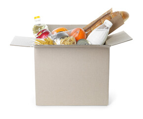Cardboard box with donation food isolated on white