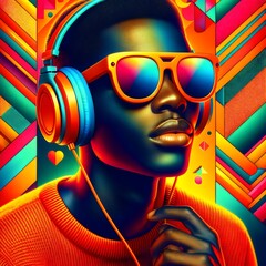 Vivid Soundscapes, a young man wearing headphones and sunglasses, deeply immersed in the sensory experience of music