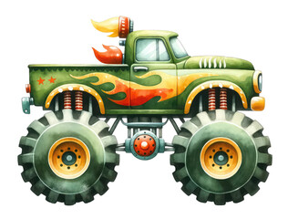 A green monster truck with big wheels and a flame decal on the side. © Moonroad