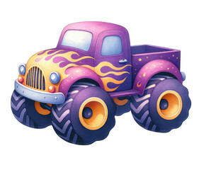 A purple monster truck with flames on the side. © Moonroad