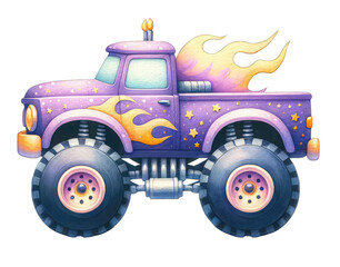 A purple monster truck with flames on the side. The truck is decorated with stars and has a big smile on its face. © Moonroad