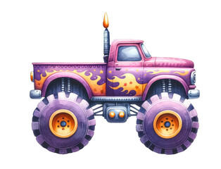 Big purple monster truck with flames on the side. © Moonroad