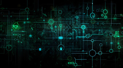 Quantum Encryption Network with Green and Blue Encryption Keys on Black Background