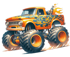 Big yellow monster truck with flames painted on the body and big wheels. © Moonroad