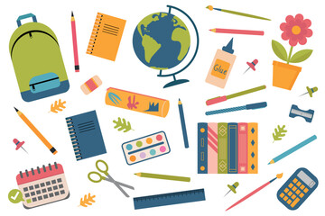 Set of school supplies. School stationery and supplies. Vector illustration.