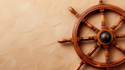 Part of steering weel on a beige background with copy space. Close up top view. Holiday travel conceptual background