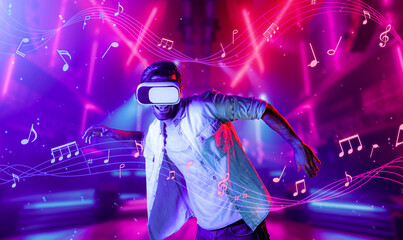 Caucasian man moving to music while using virtual reality glasses. Energetic person with casual cloth enjoy dancing while enter metaverse or simulated world surrounded with music notes. Deviation.