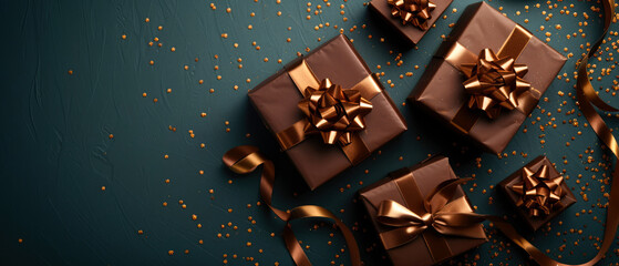 Happy Holidays mock up with chocolate gift box on brown. Celebration greeting background with sweets, presents, golden confetti, decorations. Flat lay. Top view. Generative Ai