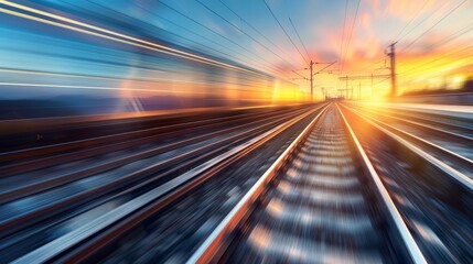 Railroad in motion at sunset. Railway station with motion blur effect against colorful blue sky, Industrial concept background. Railroad travel, railway tourism. Blurred railway. Transportation - Powered by Adobe