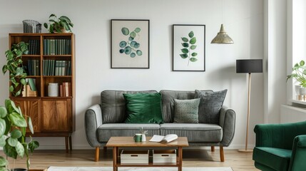 Real photo of grey lounge with green cushion, wooden coffee table, simple poster on the wall and cupboard with books in bright sitting room interior