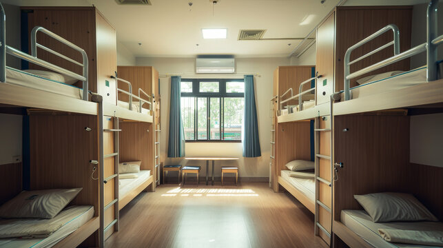 This is an interior photography, an international school high school boys dormitory, with mild tones, bright, lively, modern, and international style