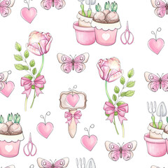 Seamless pattern watercolor romantic garden tools, garden pots with flowers and brunch. Inventory for gardener. Springtime sketch for design, printing, textile, greeting card