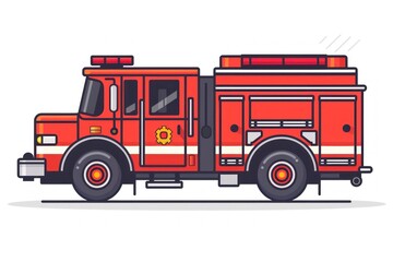 A red fire truck with a yellow stripe and a yellow and black fire hydrant