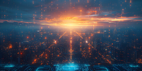 Fototapeta premium Illuminated Cityscape Unfolds Amidst a Teal Blue Haze, Guiding the Way Forward