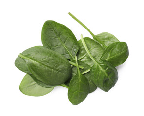 Pile of fresh spinach leaves isolated on white, top view