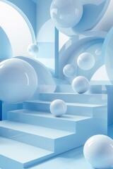 3D rendering of a blue and white abstract geometric structure with stairs and floating spheres