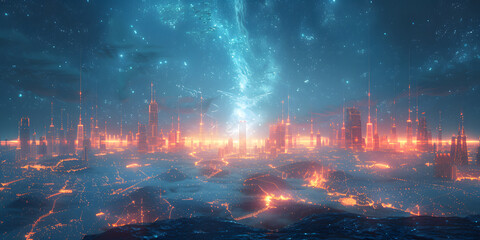 Illuminated Cityscape Unfolds Amidst a Teal Blue Haze, A Gateway to Tomorrow's Possibilities