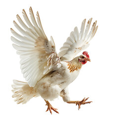 Chicken flying open wings on isolated transparent background