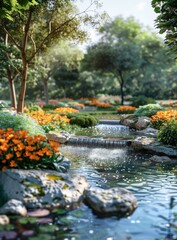 Waterfall in a lush garden with orange flowers and green plants