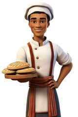 An illustration of a smiling male chef holding a plate of bread
