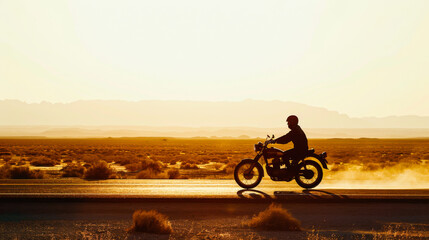 Obraz premium photo of man riding a vintage motorbike on a road, side view, silhouette, in desert, warm colors, dreamy, sunlight