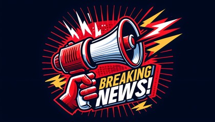 Urgent Broadcast Alert, a hand holding a megaphone against a dark background, surrounded by dramatic lightning bolts and the bold text "Breaking News!" 