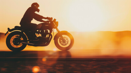 photo of man riding a vintage motorbike on a road, side view, silhouette, in desert, warm colors,...