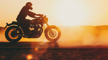 Fototapeta premium photo of man riding a vintage motorbike on a road, side view, silhouette, in desert, warm colors, dreamy, sunlight