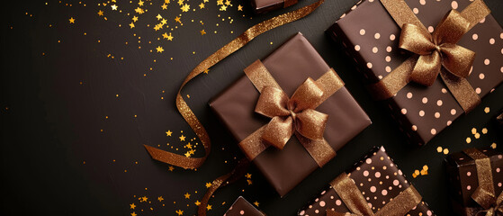 Happy Holidays mock up with chocolate gift box on brown. Celebration greeting background with sweets, presents, golden confetti, decorations. Flat lay. Top view. Generative Ai