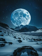 Blue Moon Rising Over Snowy Mountains