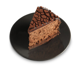 Piece of delicious chocolate truffle cake isolated on white