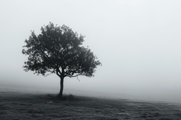Obraz premium A lonely tree stands in a field on a foggy day