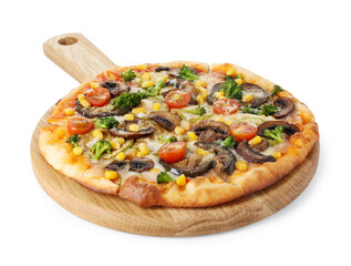 Delicious vegetarian pizza with mushrooms and vegetables isolated on white