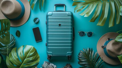 Colorful suitcases a camera a phone a hat and sunglasses on a background of a foreign city ready for an adventure, Generated by AI