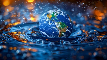 Planet Earth in a Water Droplet. Generative ai.