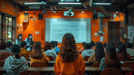 A woman with long hair is sitting in a classroom with a group of people. The woman is looking at a projector screen. The classroom is filled with students. Scene is educational and focused