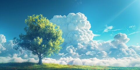 Fototapeta premium Green Tree and White Clouds