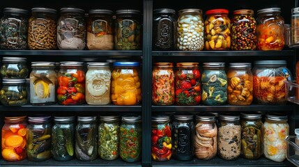 Assortment of preserved foods elegantly presented in a rustic home pantry setting
