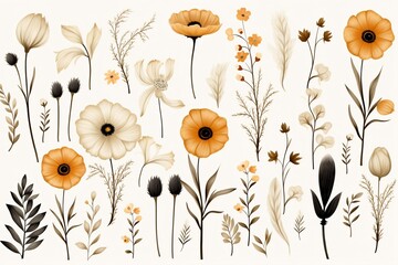 Naklejka premium Trendy vintage wild flowers, minimalist style, seamless and repeating for modern fabric designs , flat graphic drawing