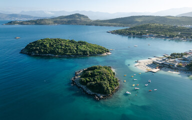 Aerial panorama summer travel destination Ksamil Albania islands