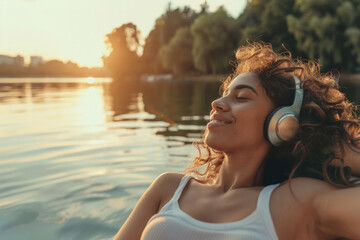 A Latino woman, feeling at ease, listening to music with headphones while lying on a pier beside a peaceful lake in the summertime.