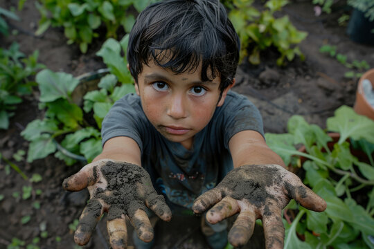 A Latino boy with soil-stained hands after tending to the garden, showing his dedication to caring for the vegetable garden and planting spring vegetables.