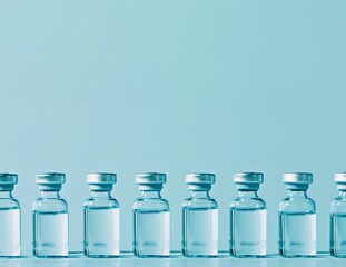 Uniform rows of sealed vaccine glass vials on a clean, blue background, symbolizing medical research and pharmaceutical precision.