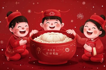 Three happy Chinese children eating Laba congee