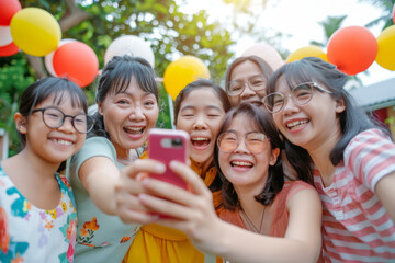 A snapshot of cousins taking a selfie together amidst a cheerful family reunion at a garden barbecue party, highlighting the joy and togetherness of the occasion.