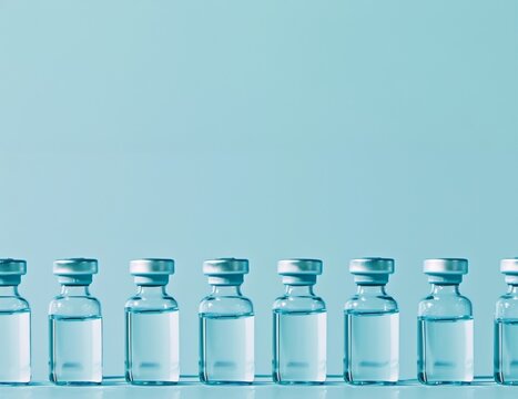 Uniform rows of sealed vaccine glass vials on a clean, blue background, symbolizing medical research and pharmaceutical precision.