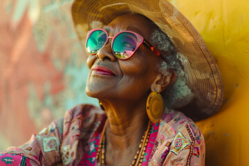 African American senior woman on the street. Elderly stylish woman enjoying music outdoors, having fun. Illustrating the concept of an old woman young at heart.